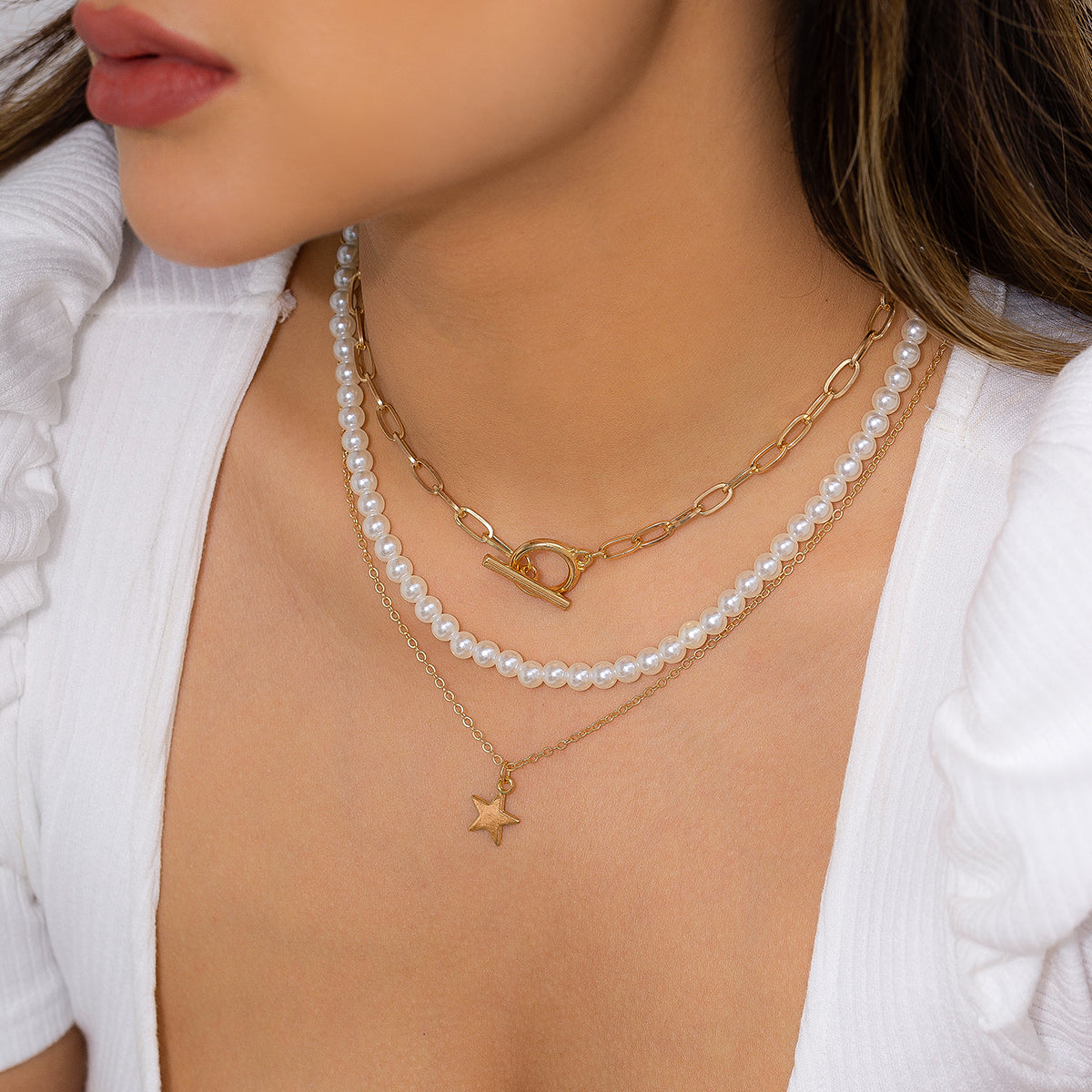 Pearl & 18K Gold-Plated Star Pendant Necklace Set