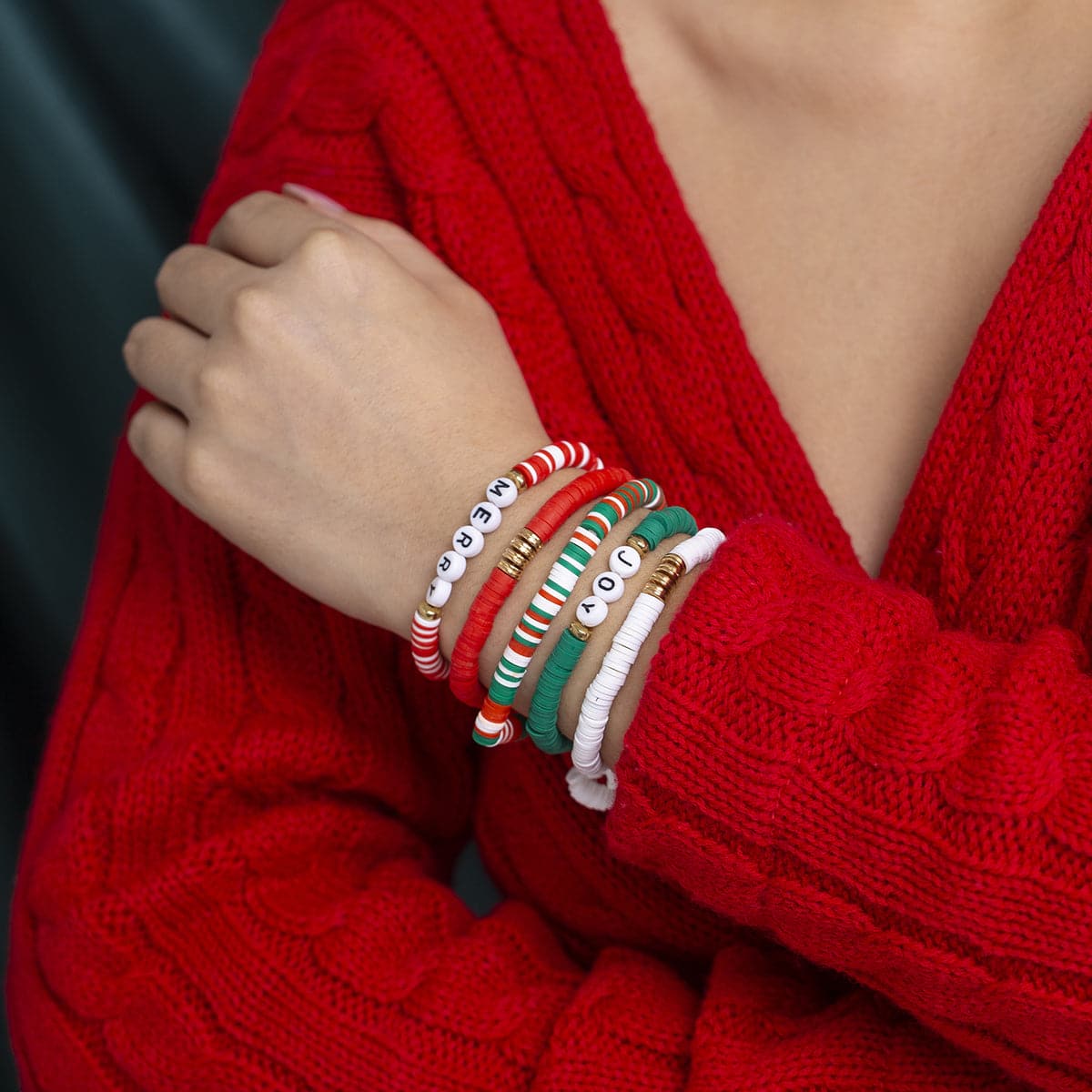 Green & Red 'Merry' 'Joy' Beaded Stretch Bracelet Set