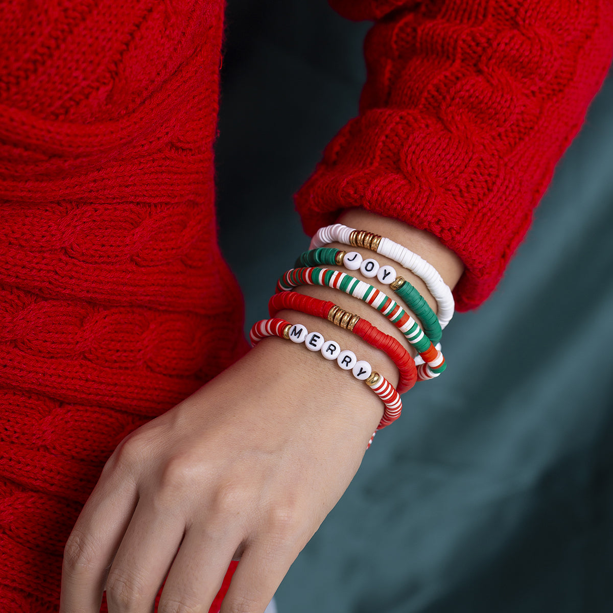 Green & Red 'Merry' 'Joy' Beaded Stretch Bracelet Set