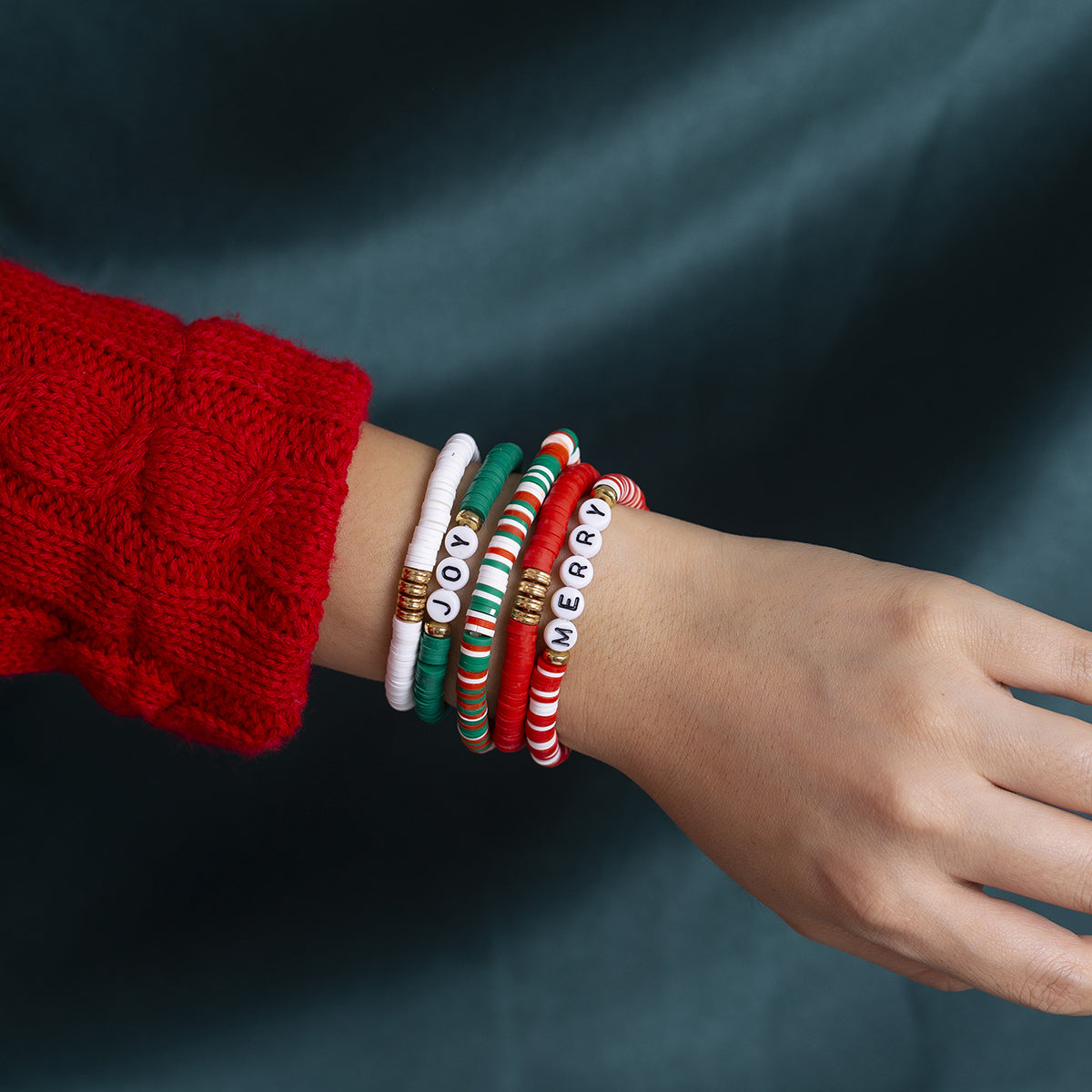 Green & Red 'Merry' 'Joy' Beaded Stretch Bracelet Set