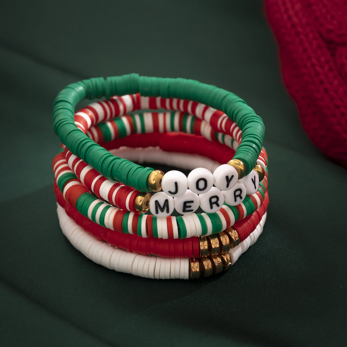 Green & Red 'Merry' 'Joy' Beaded Stretch Bracelet Set