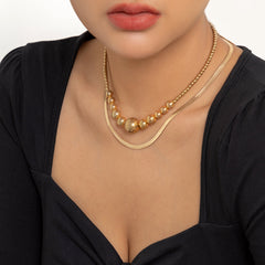 18K Gold-Plated Bead & Herringbone Chain Necklace Set