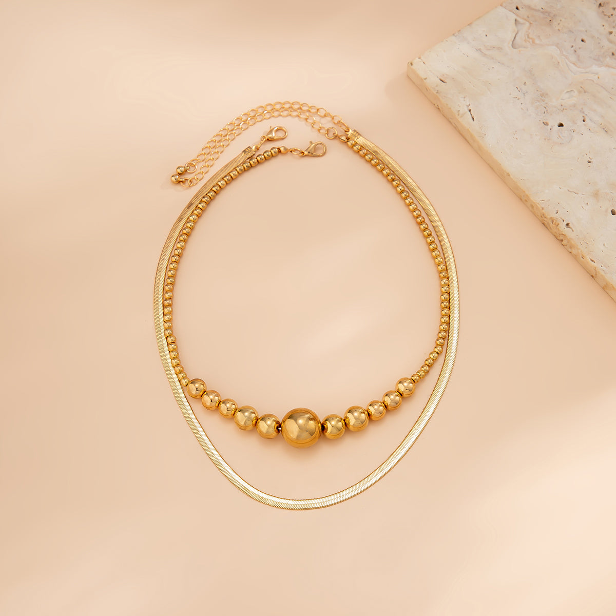 18K Gold-Plated Bead & Herringbone Chain Necklace Set