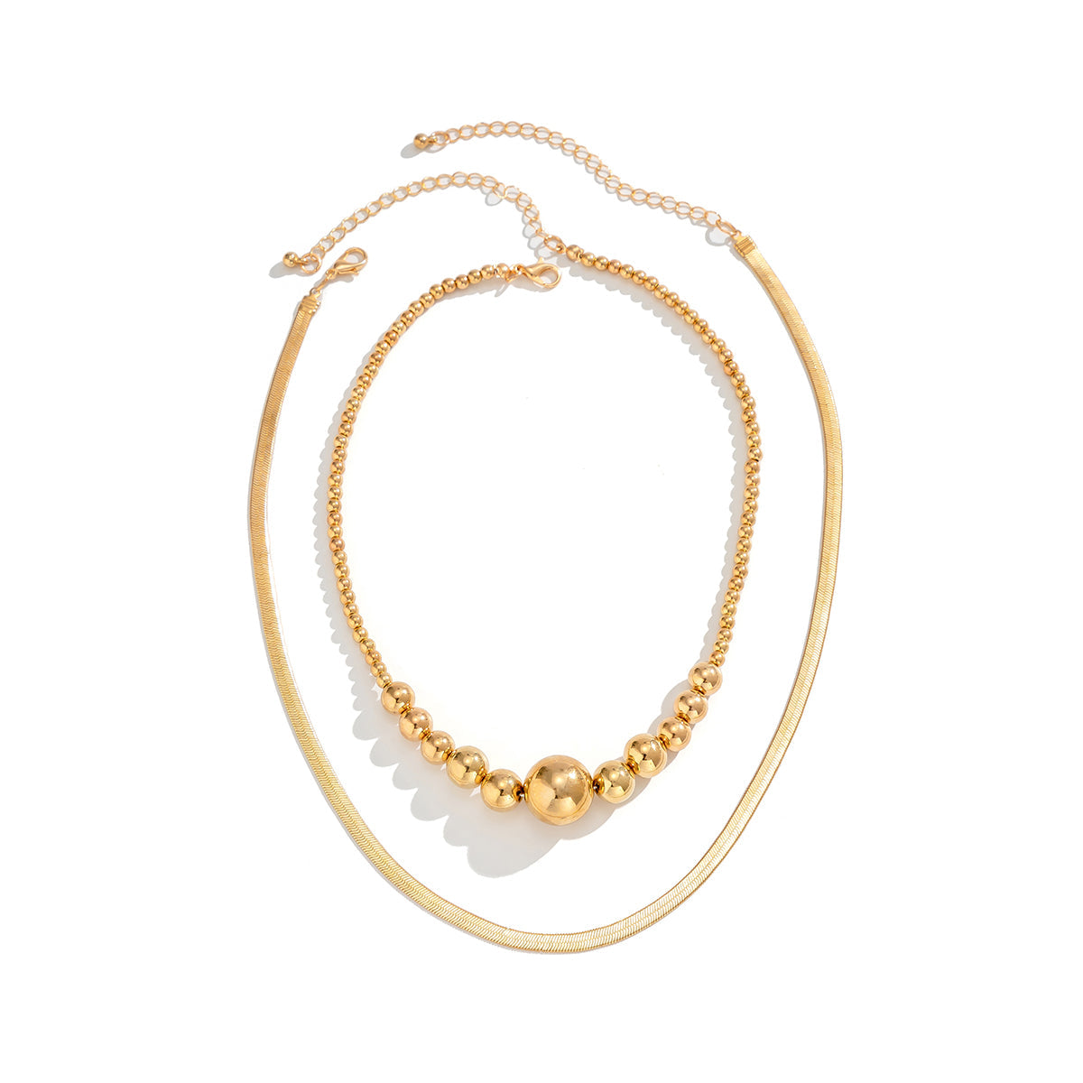 18K Gold-Plated Bead & Herringbone Chain Necklace Set