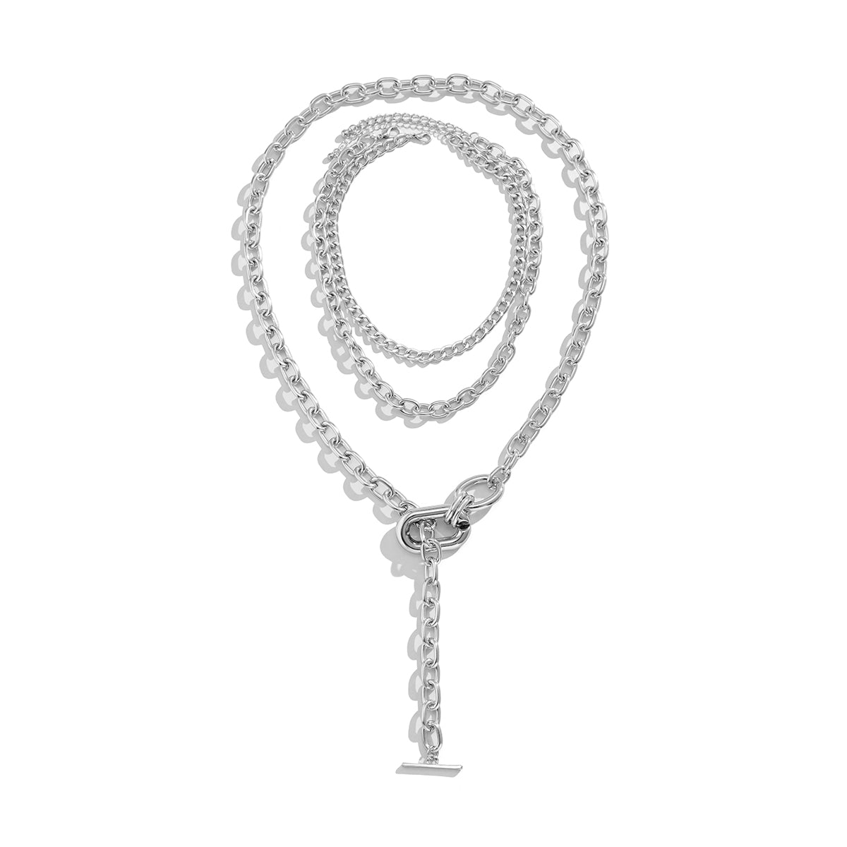 Silver-Plated Cable Chain Lariat Necklace Set