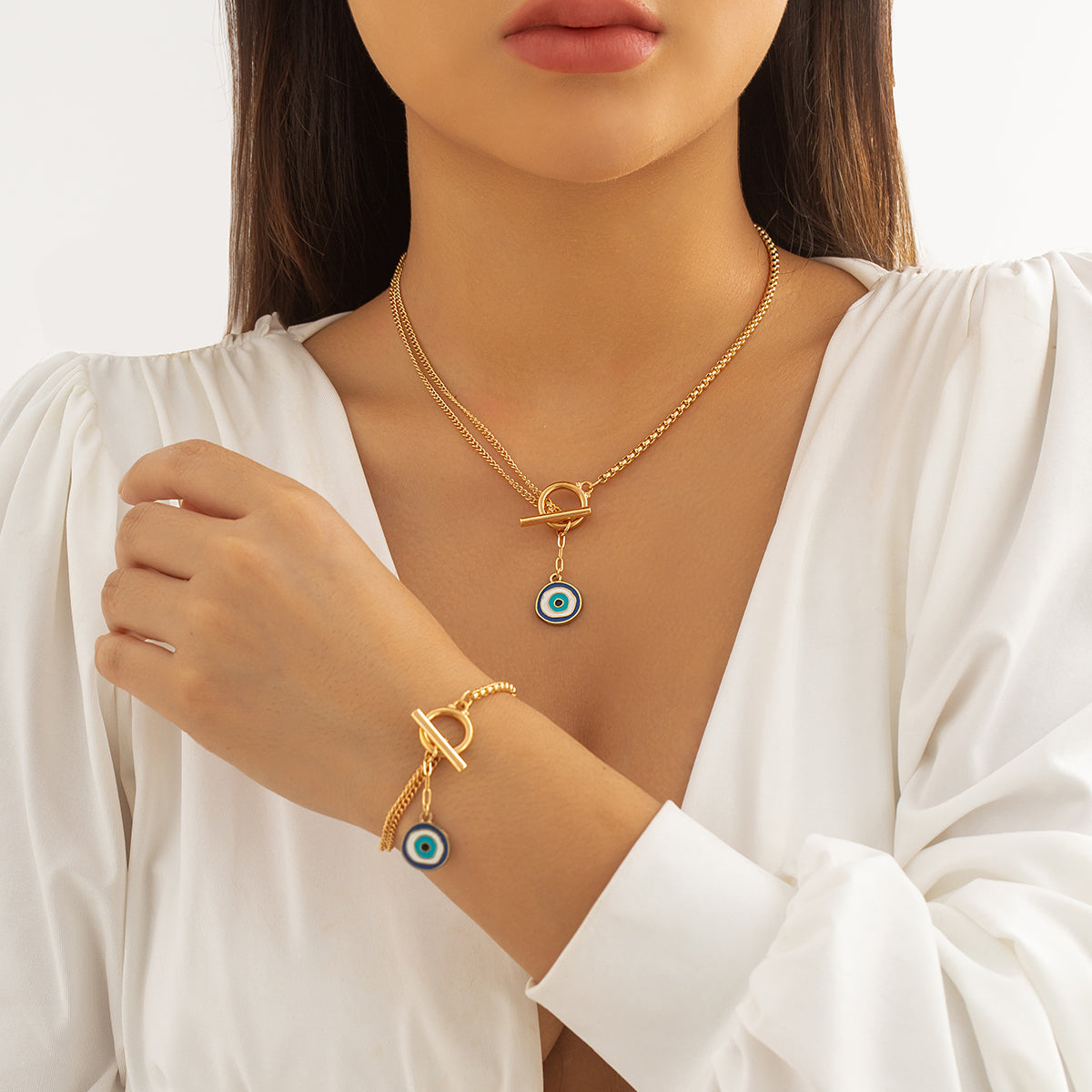 Blue Enamel & 18K Gold-Plated Evil Eye Toggle Necklace & Toggle Bracelet