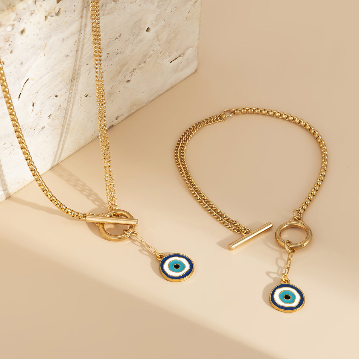 Blue Enamel & 18K Gold-Plated Evil Eye Toggle Necklace & Toggle Bracelet