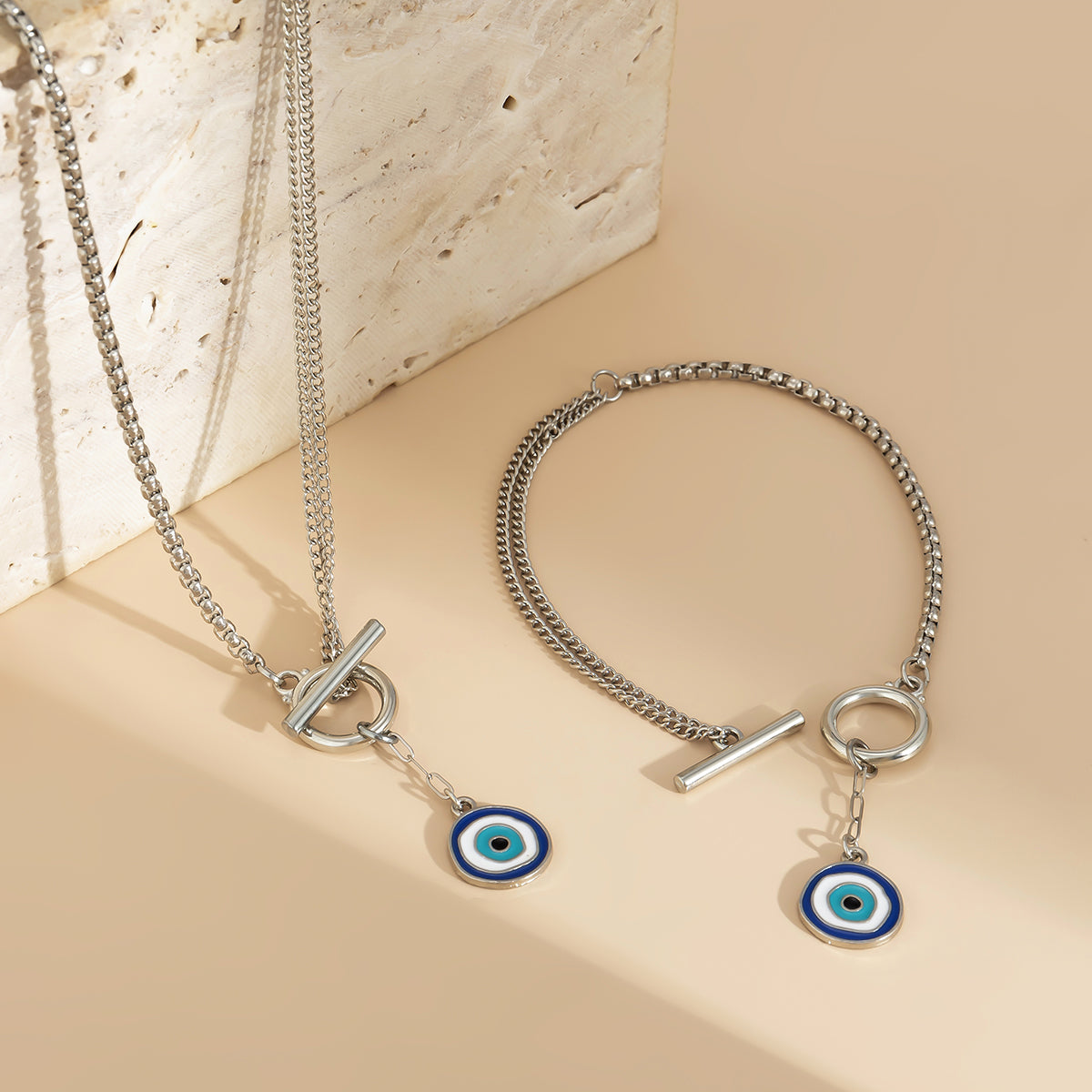 Blue Enamel & Silver-Plated Eye Pendant Necklace & Bracelet