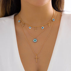 Blue Enamel & 18K Gold-Plated Cross Eye Pendant Necklace Set