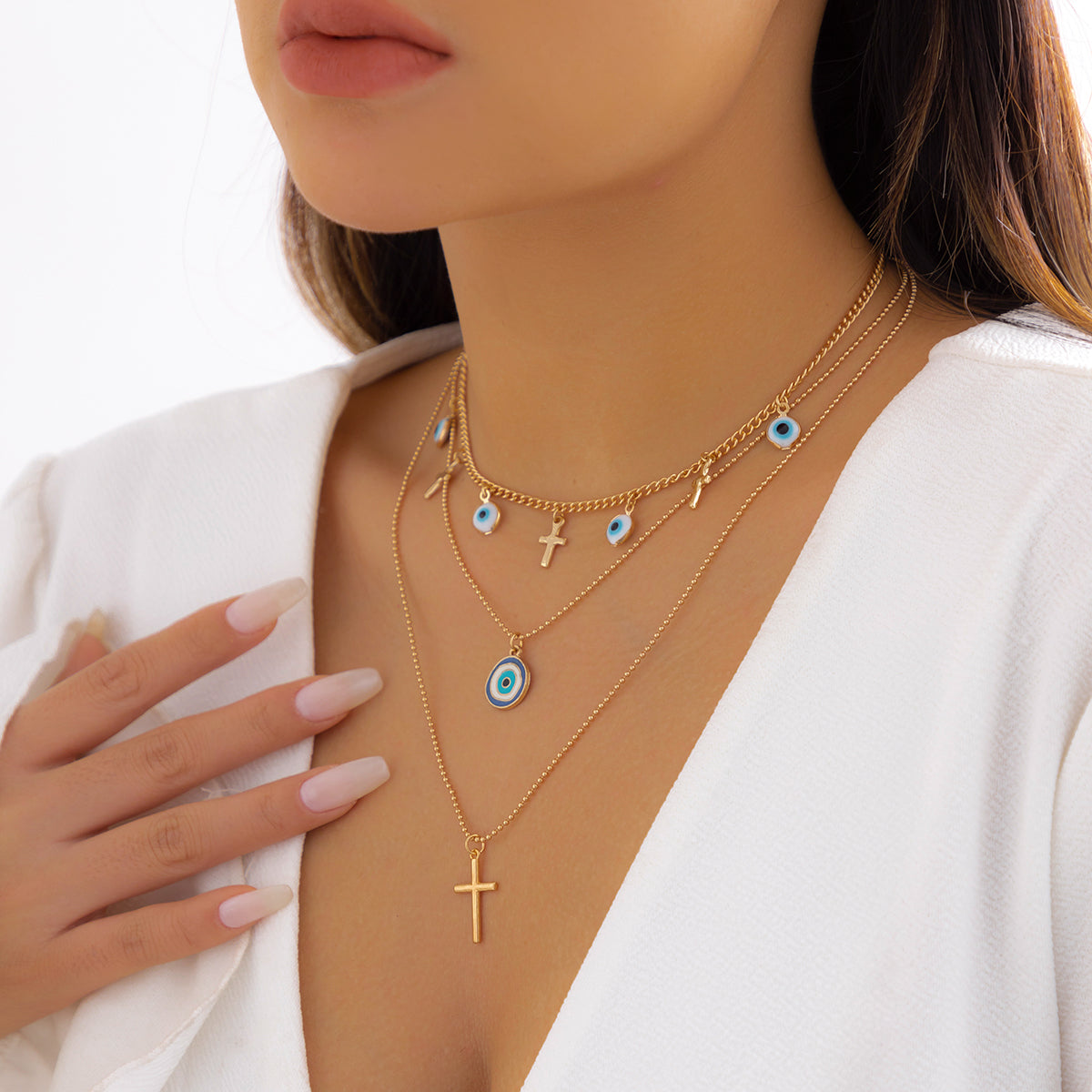 Blue Enamel & 18K Gold-Plated Cross Eye Pendant Necklace Set