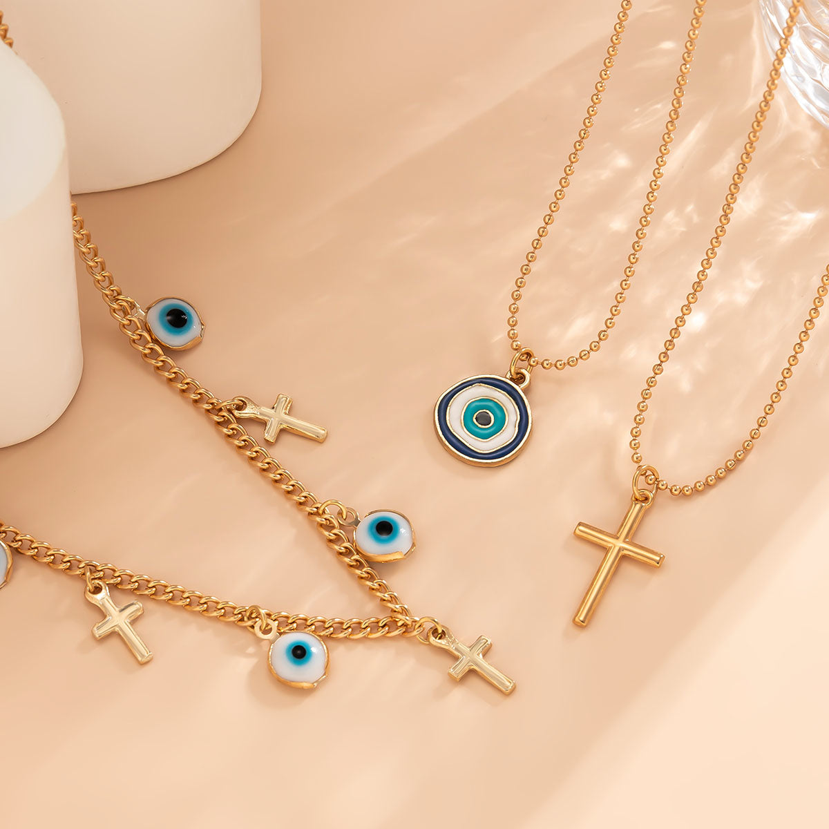 Blue Enamel & 18K Gold-Plated Cross Eye Pendant Necklace Set