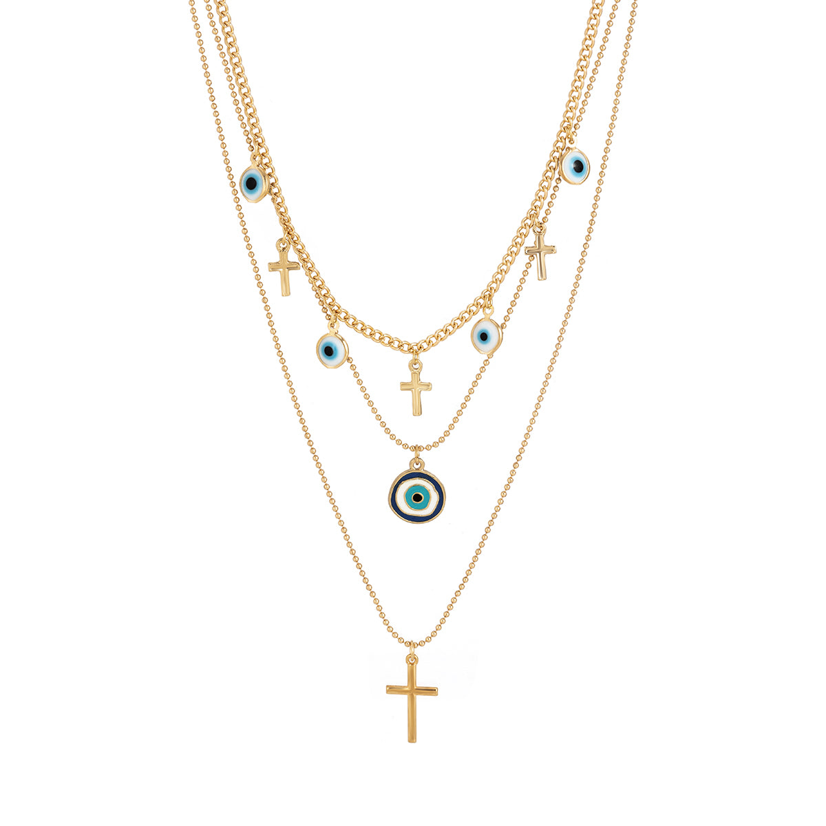 Blue Enamel & 18K Gold-Plated Cross Eye Pendant Necklace Set