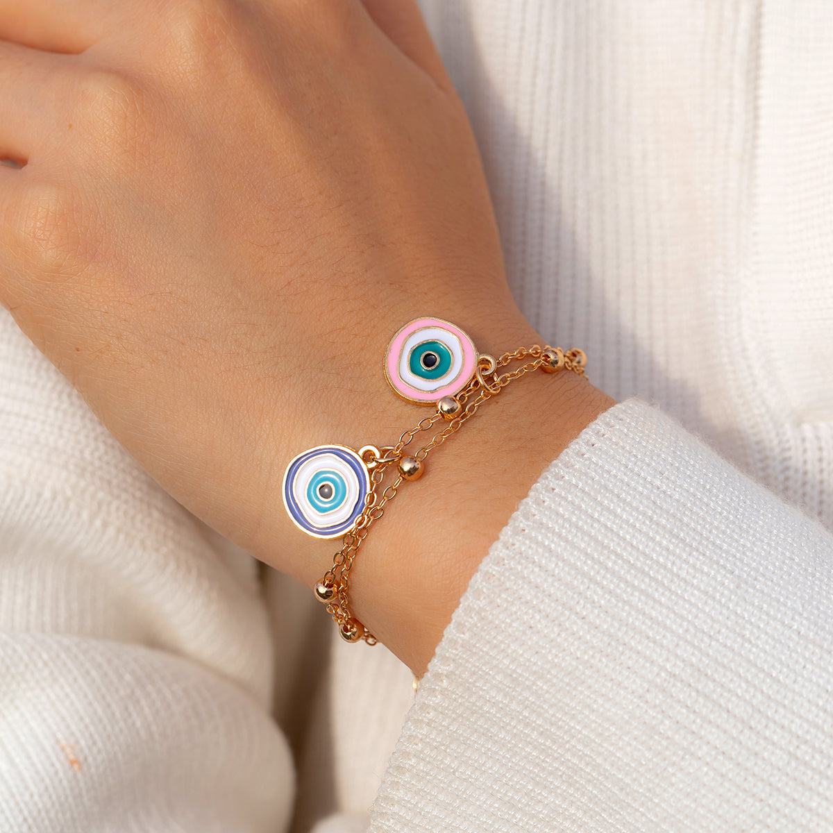 Blue Enamel & 18K Gold-Plated Evil Eye Charm Bracelet Set