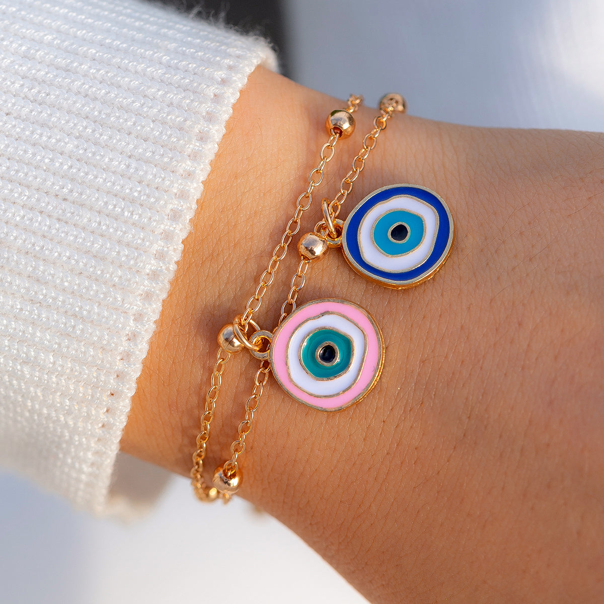 Blue Enamel & 18K Gold-Plated Evil Eye Charm Bracelet Set