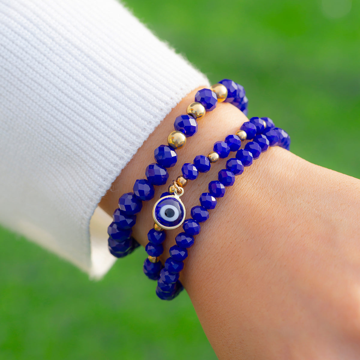 Blue Resin & Arylic 18K Gold-Plated Evil Eye Beaded Stretch Bracelet Set