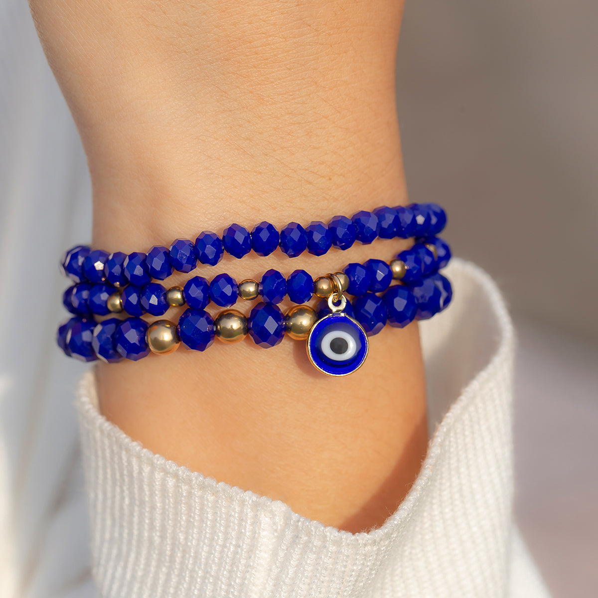 Blue Resin & Arylic 18K Gold-Plated Evil Eye Beaded Stretch Bracelet Set