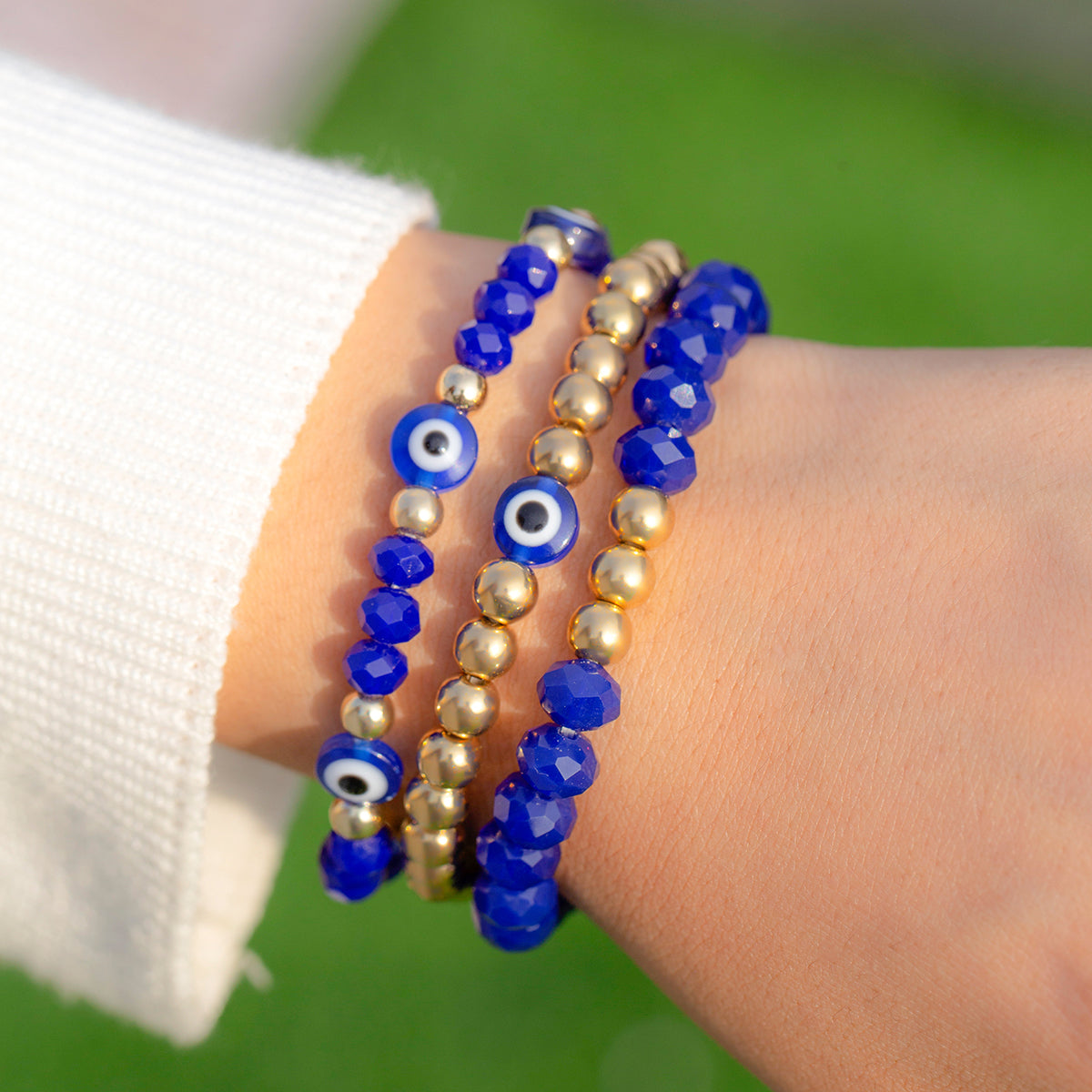 Blue Acrylic & 18K Gold-Plated Eye Stretch Bracelet Set