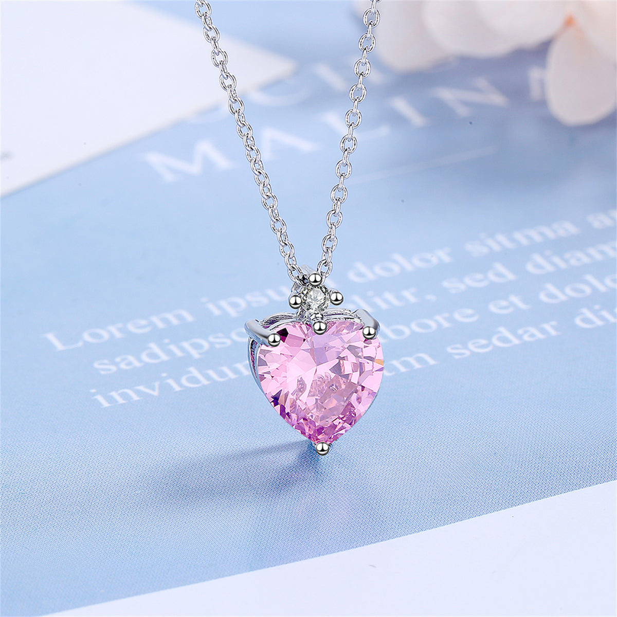 Pink Crystal & Cubic Zirconia Heart Pendant Necklace