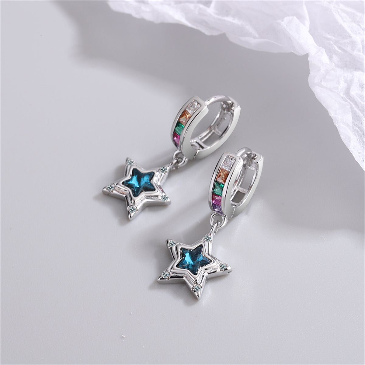 Blue Crystal & Cubic Zirconia Star Huggie Earrings