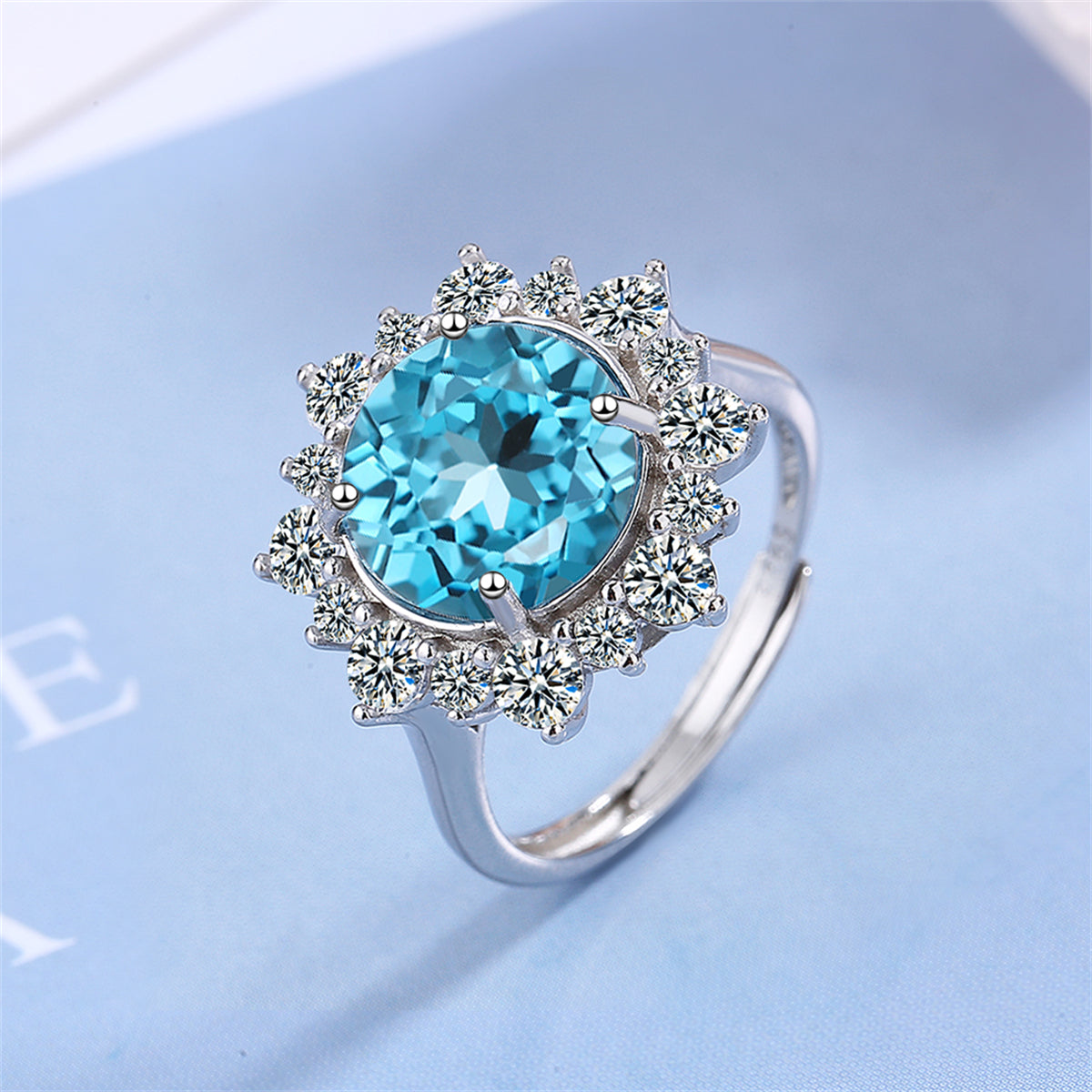 Blue Crystal & Cubic Zirconia Silver-Plated Sun Ring