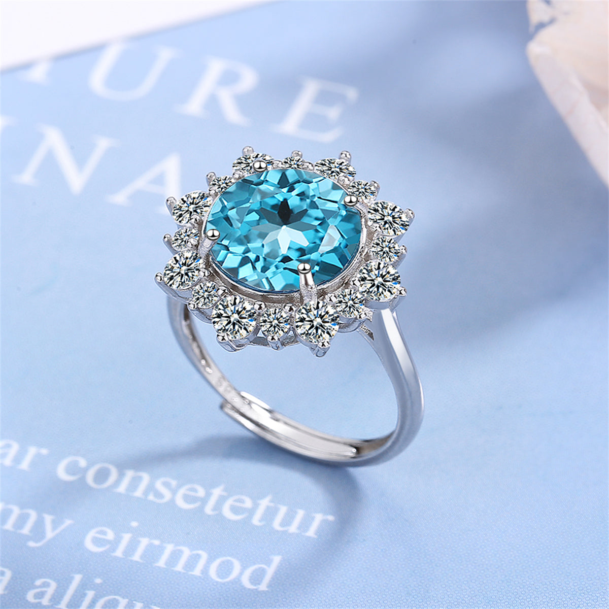 Blue Crystal & Cubic Zirconia Silver-Plated Sun Ring