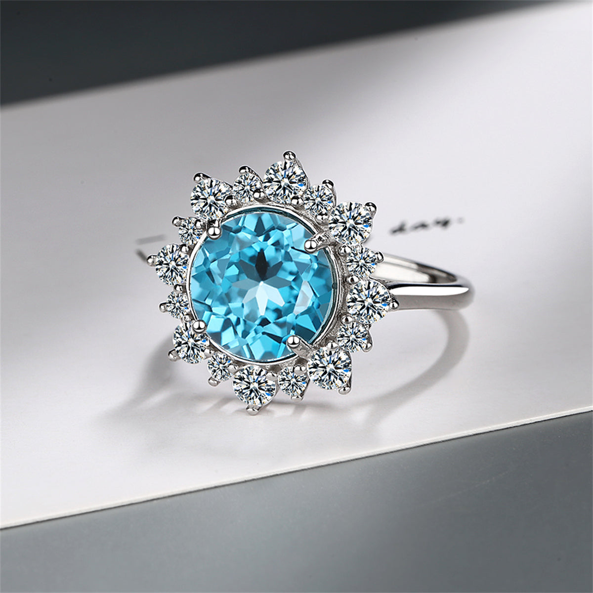 Blue Crystal & Cubic Zirconia Silver-Plated Sun Ring