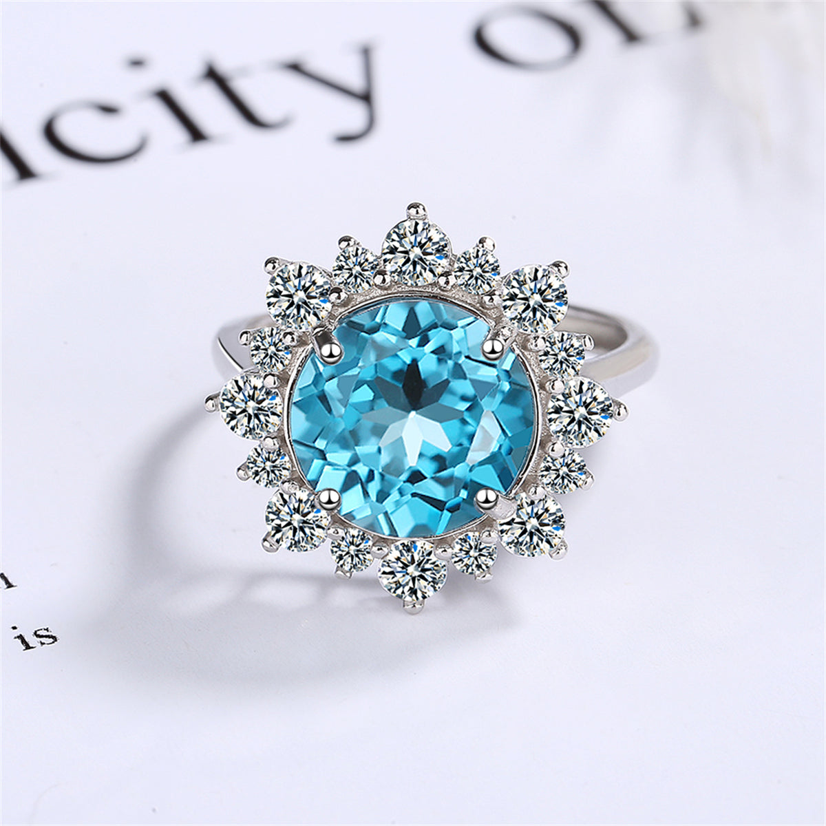 Blue Crystal & Cubic Zirconia Silver-Plated Sun Ring