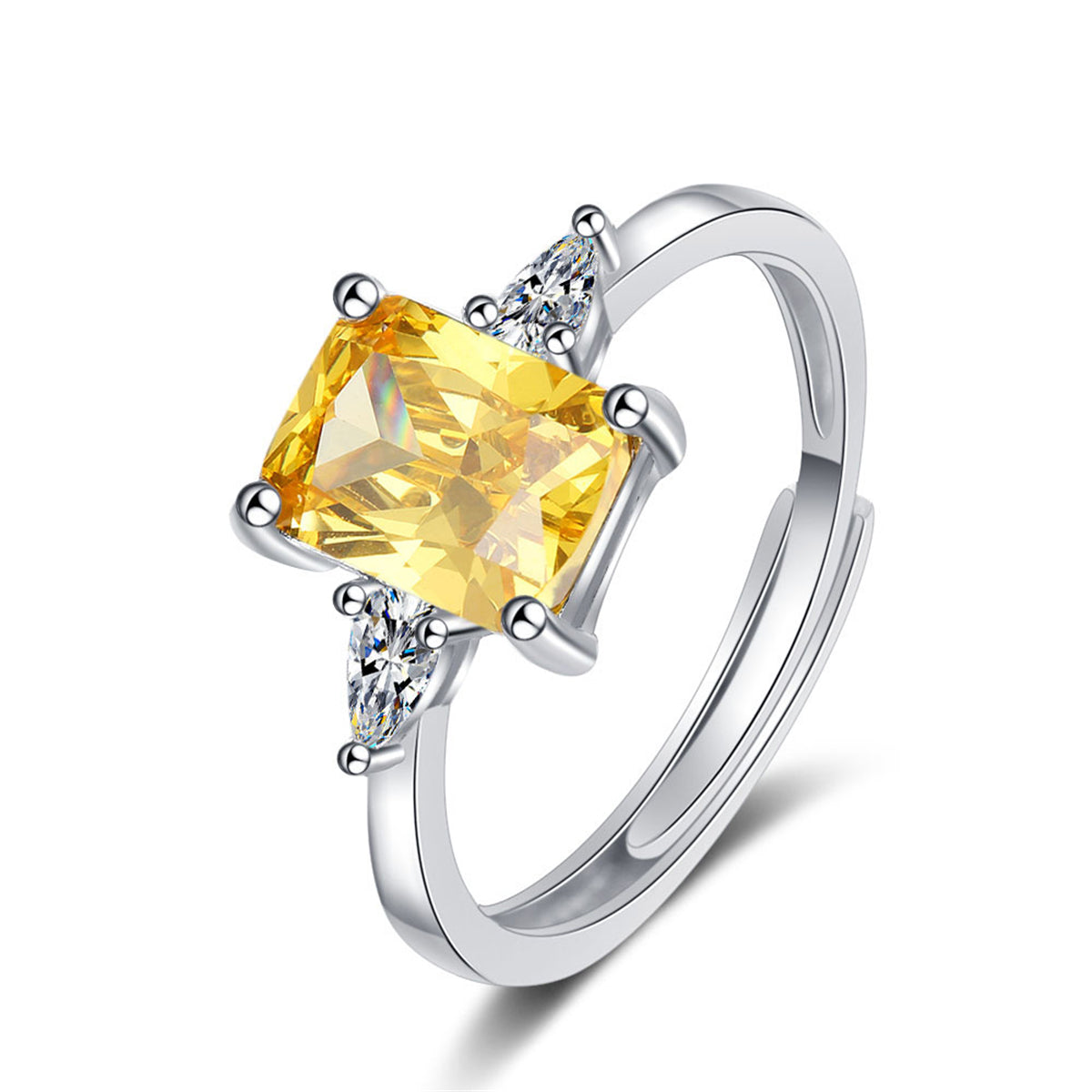 Yellow Crystal & Silver-Plated Rectangle-Cut Adjustable Ring