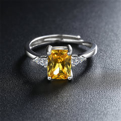 Yellow Crystal & Silver-Plated Rectangle-Cut Adjustable Ring