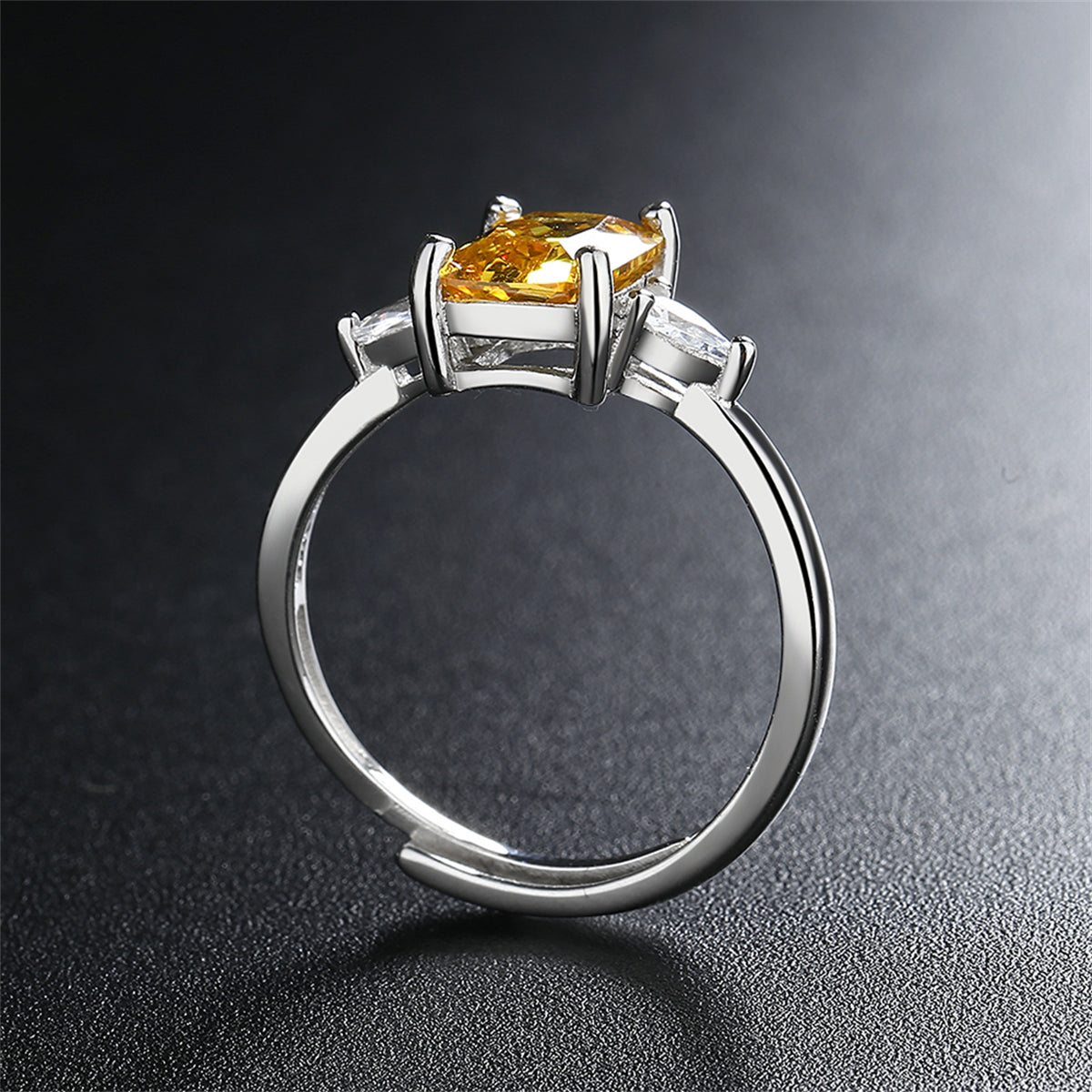 Yellow Crystal & Silver-Plated Rectangle-Cut Adjustable Ring