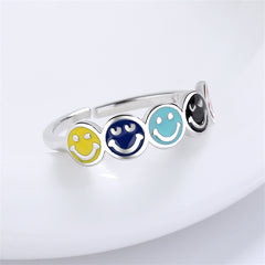 Blue Enamel & Silver-Plated Smiley Open Ring
