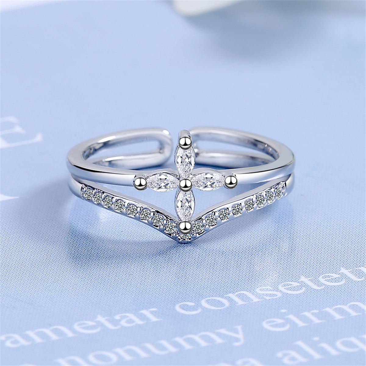 Crystal & Cubic Zirconia Silver-Plated Clover Layered Open Ring