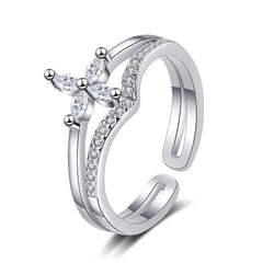 Crystal & Cubic Zirconia Silver-Plated Clover Layered Open Ring