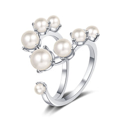 Pearl & Silver-Plated Botanical Open Ring