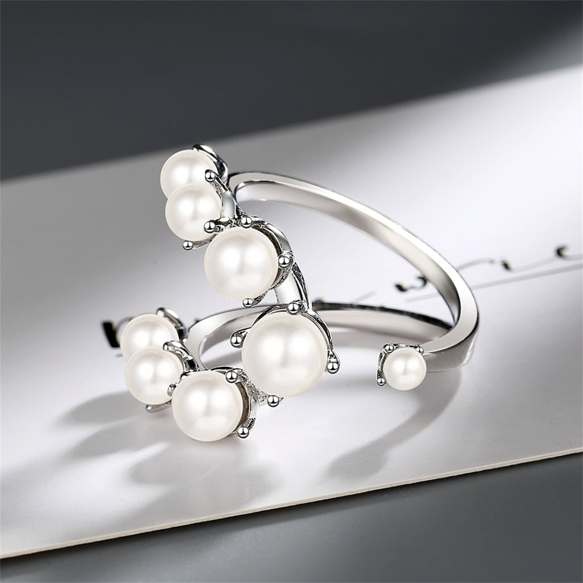 Pearl & Silver-Plated Botanical Open Ring