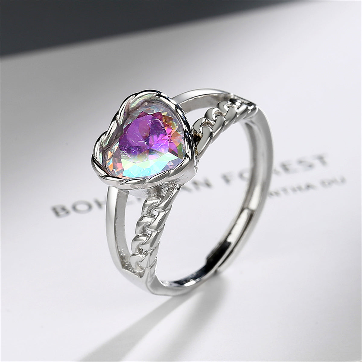 Blue Multicolor Crystal & Silver-Plated Heart Ring