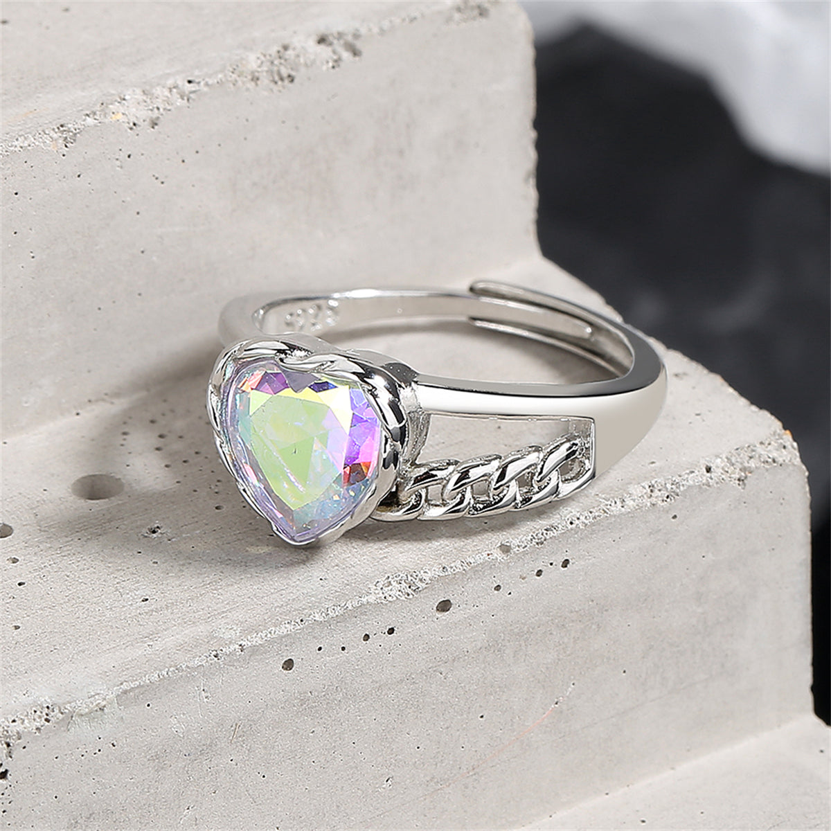 Blue Multicolor Crystal & Silver-Plated Heart Ring