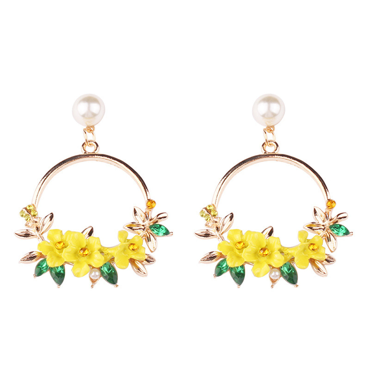 Pearl & Cubic Zirconia Yellow Floral Cluster Hoop Drop Earrings