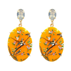 Yellow Crystal & 18K Gold-Plated Bird Branch Oval Drop Earrings