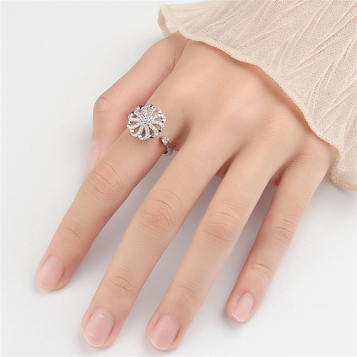 Cubic Zirconia & Silver-Plated Rotating Windmill Open Ring