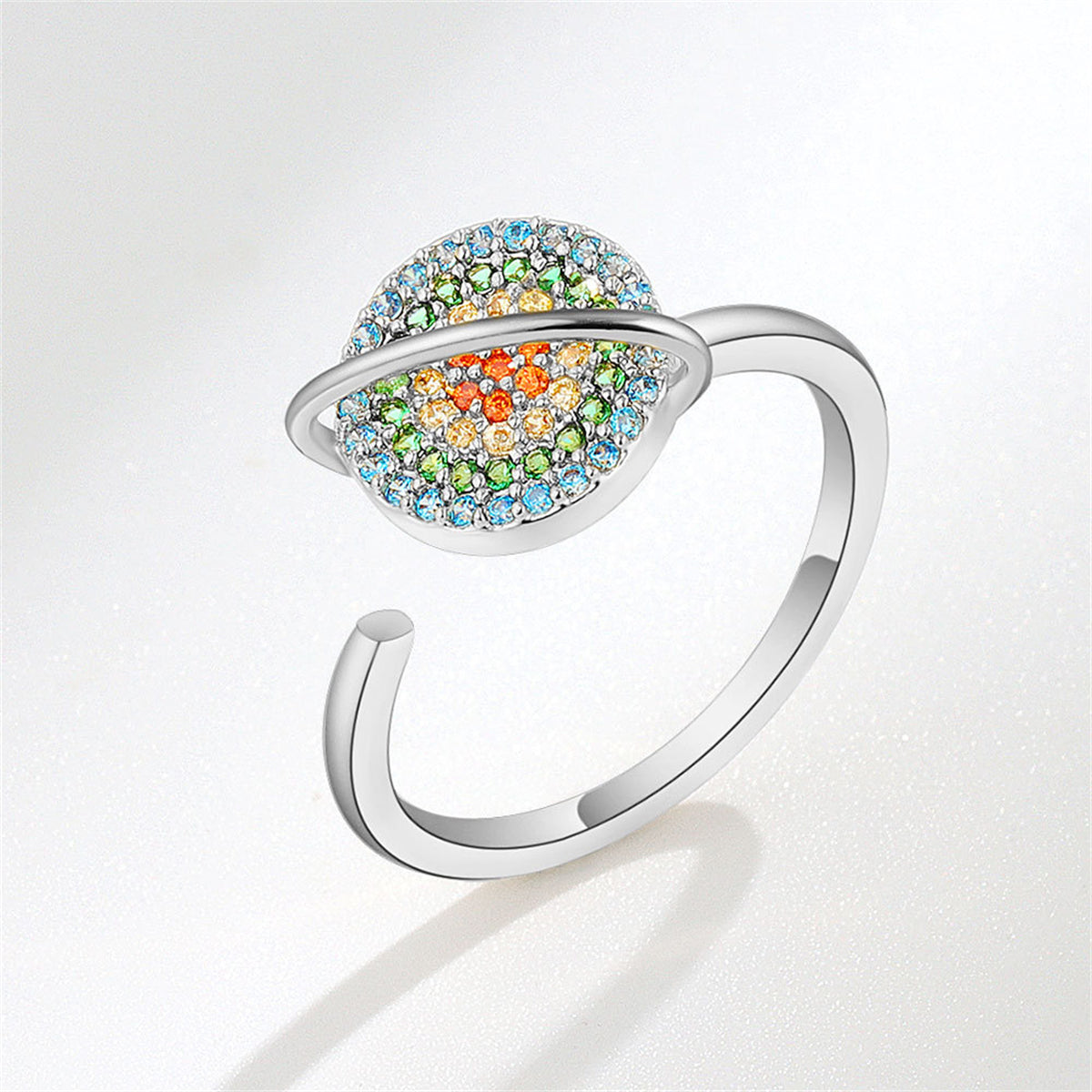 Multicolor Cubic Zirconia & Silver-Plated Rotating Planet Ring