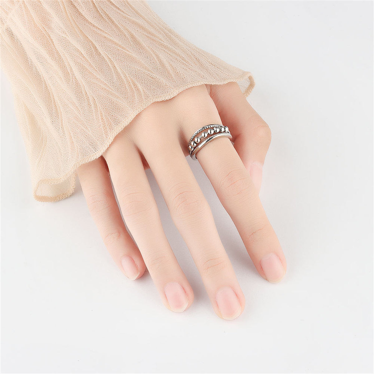 Silver-Plated Beaded Adjustable Ring