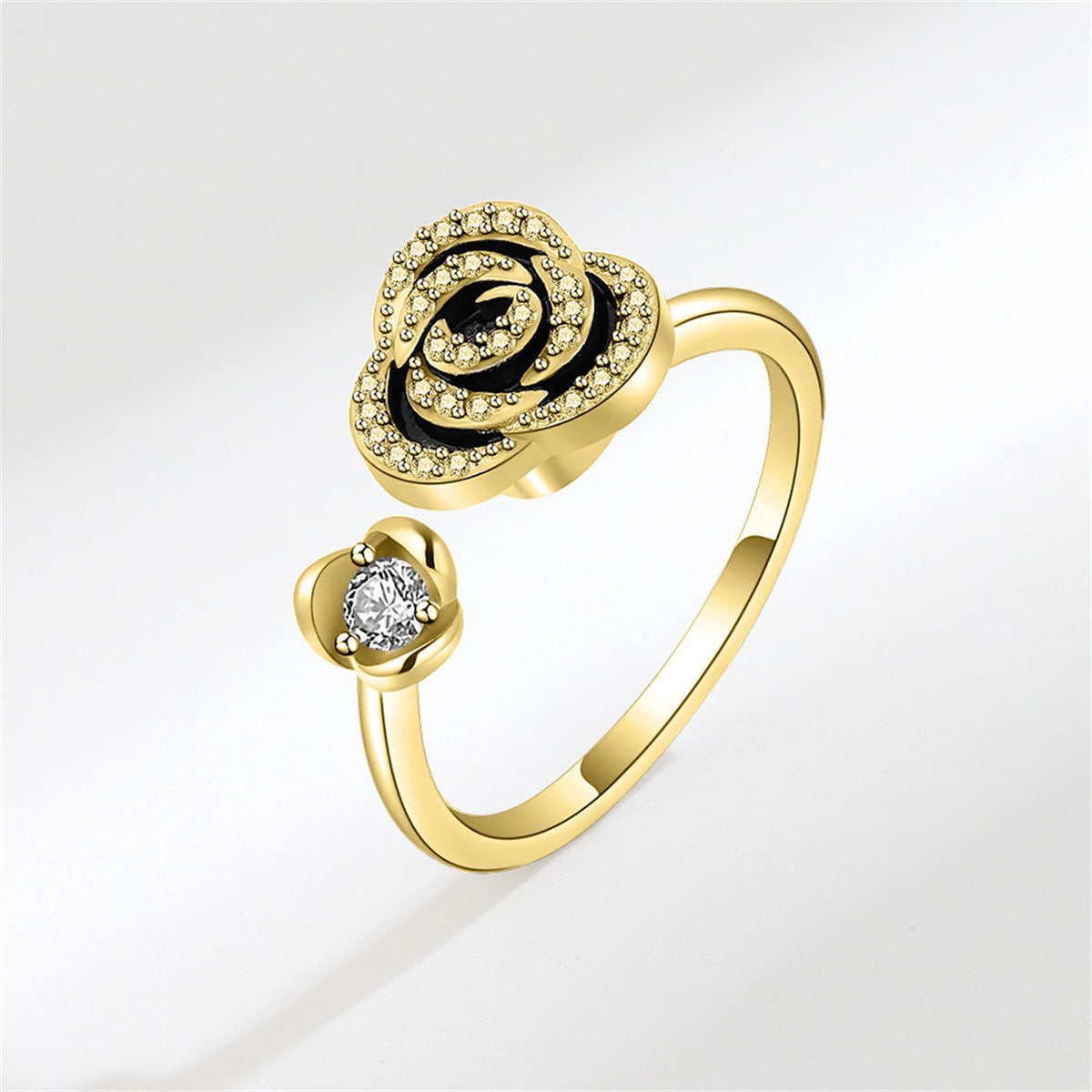 Black Enamel & 18K Gold-Plated Cubic Zirconia-Accent Rotatable Rose Open Ring