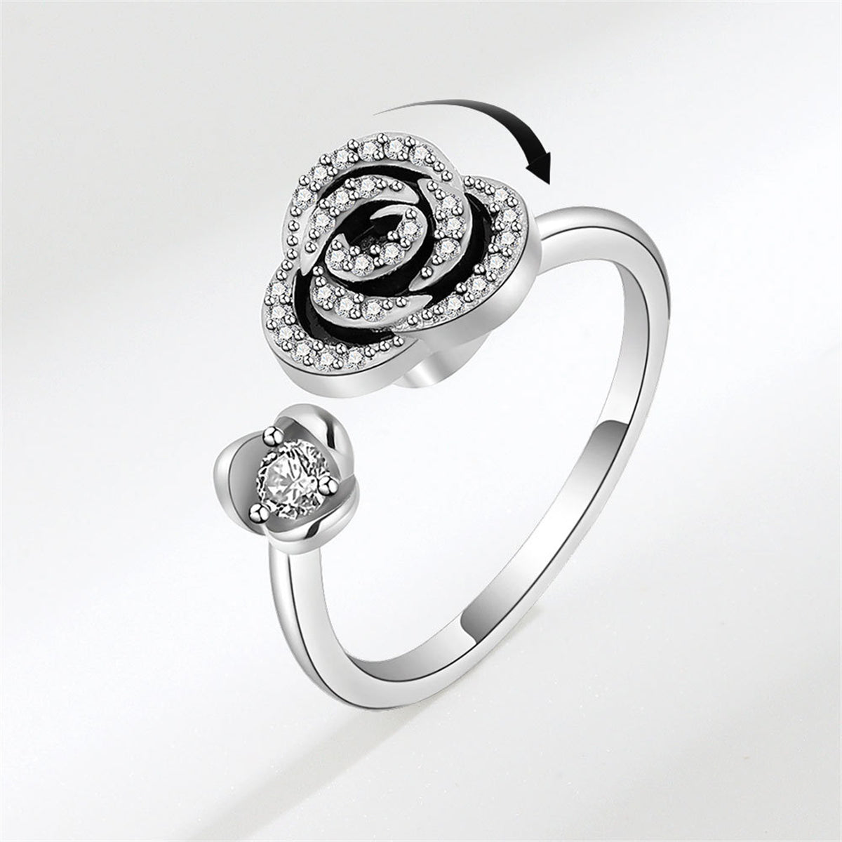 Black Enamel & Silver-Plated Cubic Zirconia-Accent Rotatable Rose Open Ring