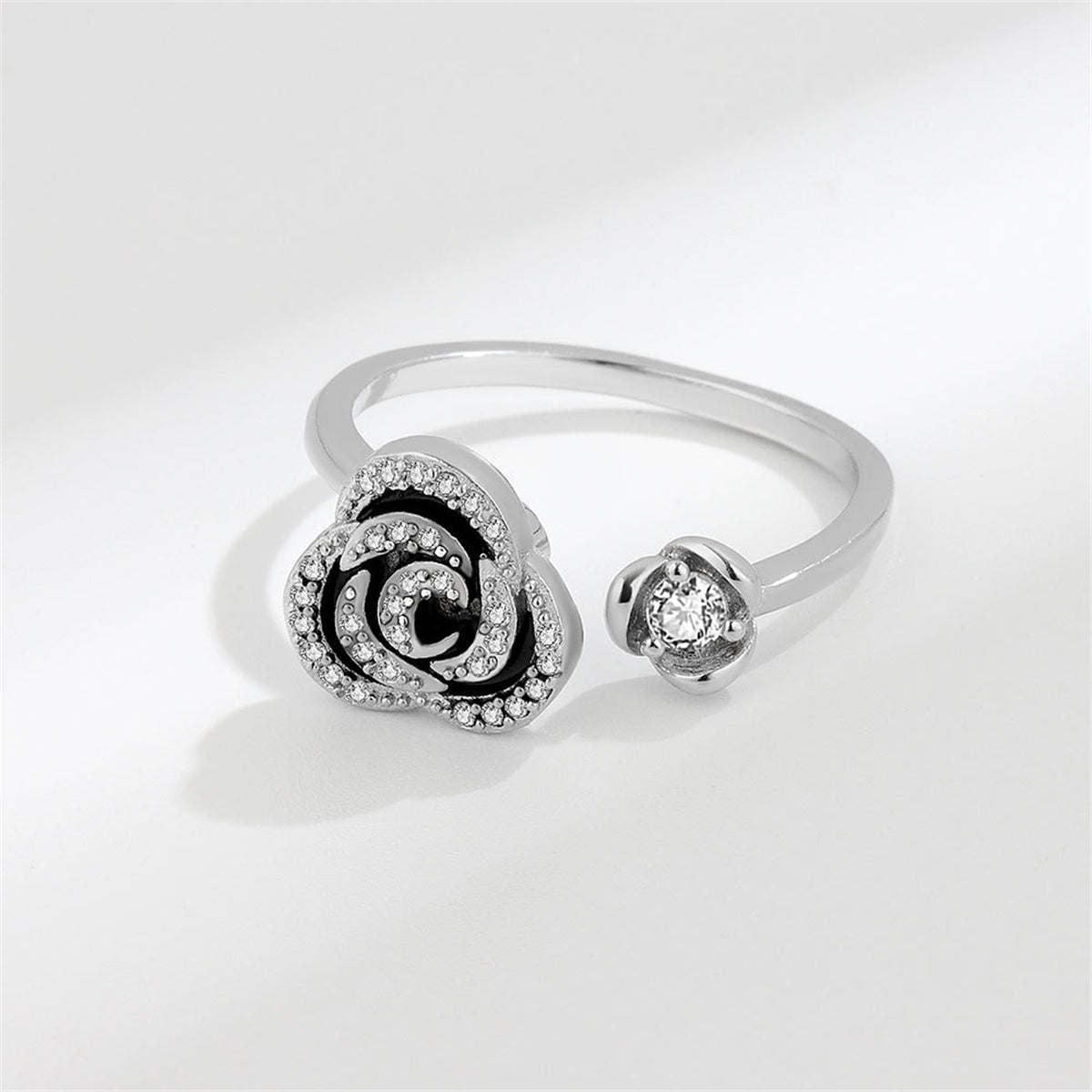 Black Enamel & Silver-Plated Cubic Zirconia-Accent Rotatable Rose Open Ring