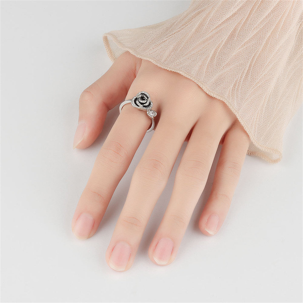 Black Enamel & Silver-Plated Cubic Zirconia-Accent Rotatable Rose Open Ring