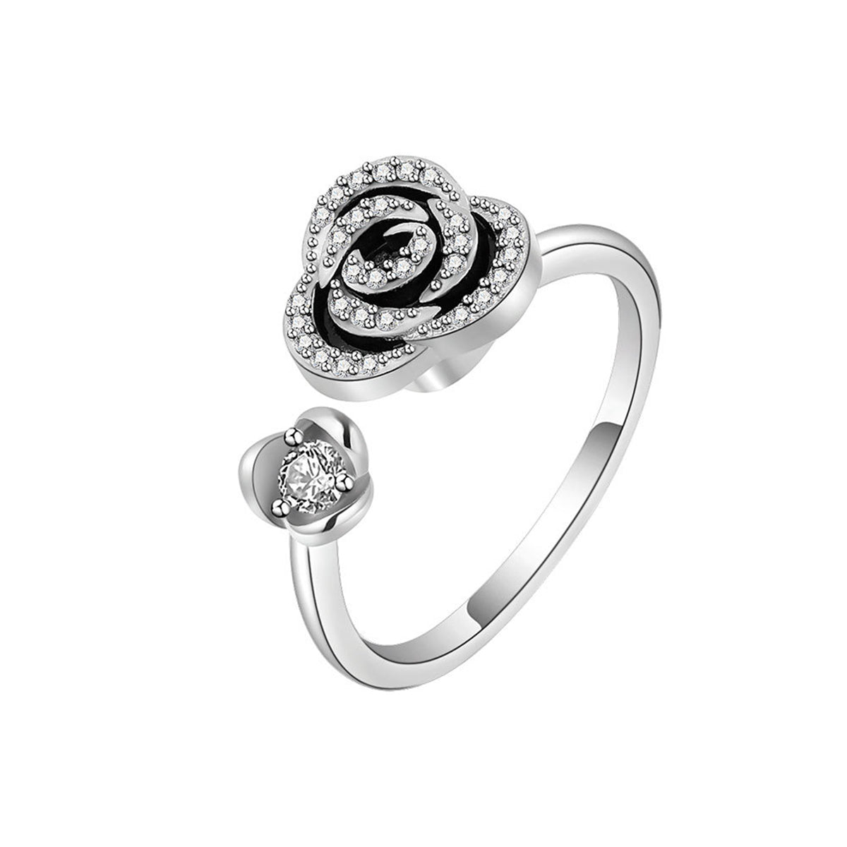 Black Enamel & Silver-Plated Cubic Zirconia-Accent Rotatable Rose Open Ring