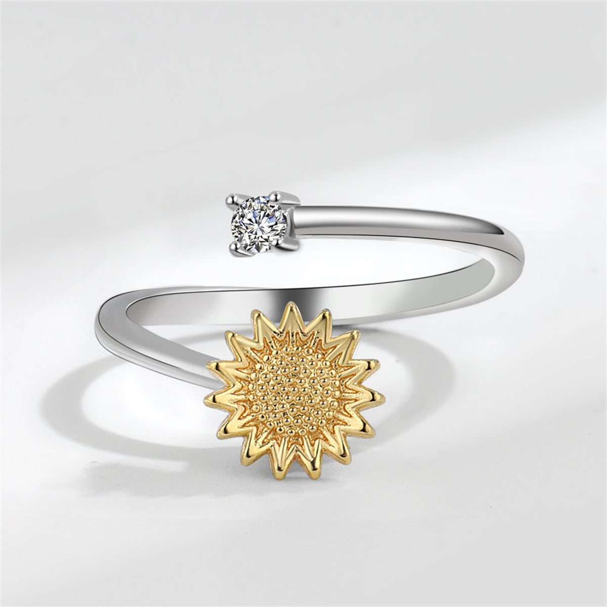 Cubic Zirconia & Two-Tone Rotating Sunflower Bypass Ring