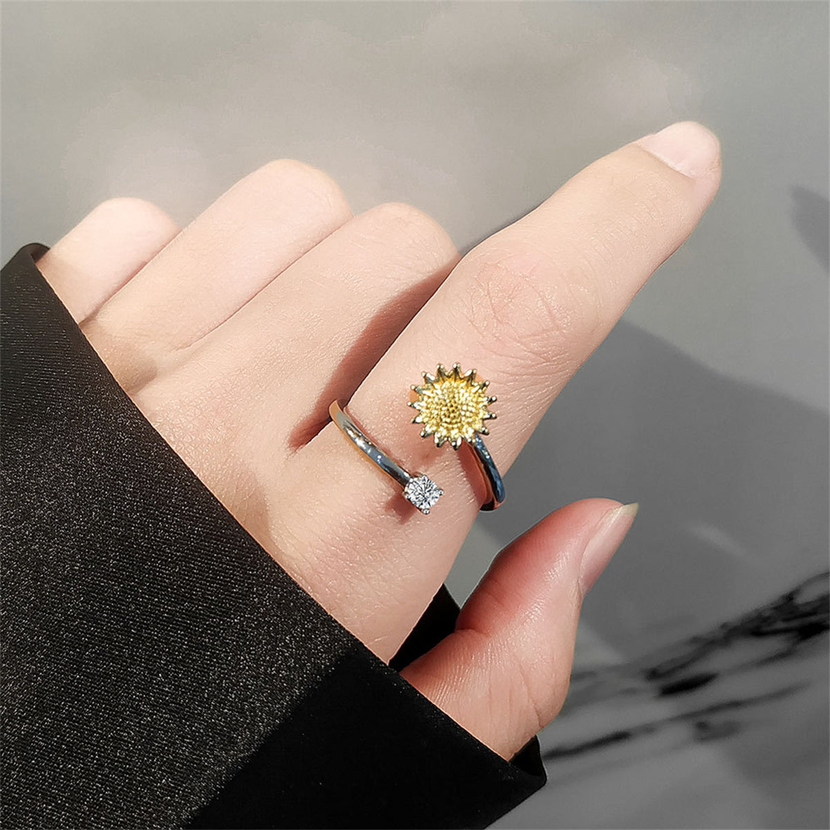 Cubic Zirconia & Two-Tone Rotating Sunflower Bypass Ring