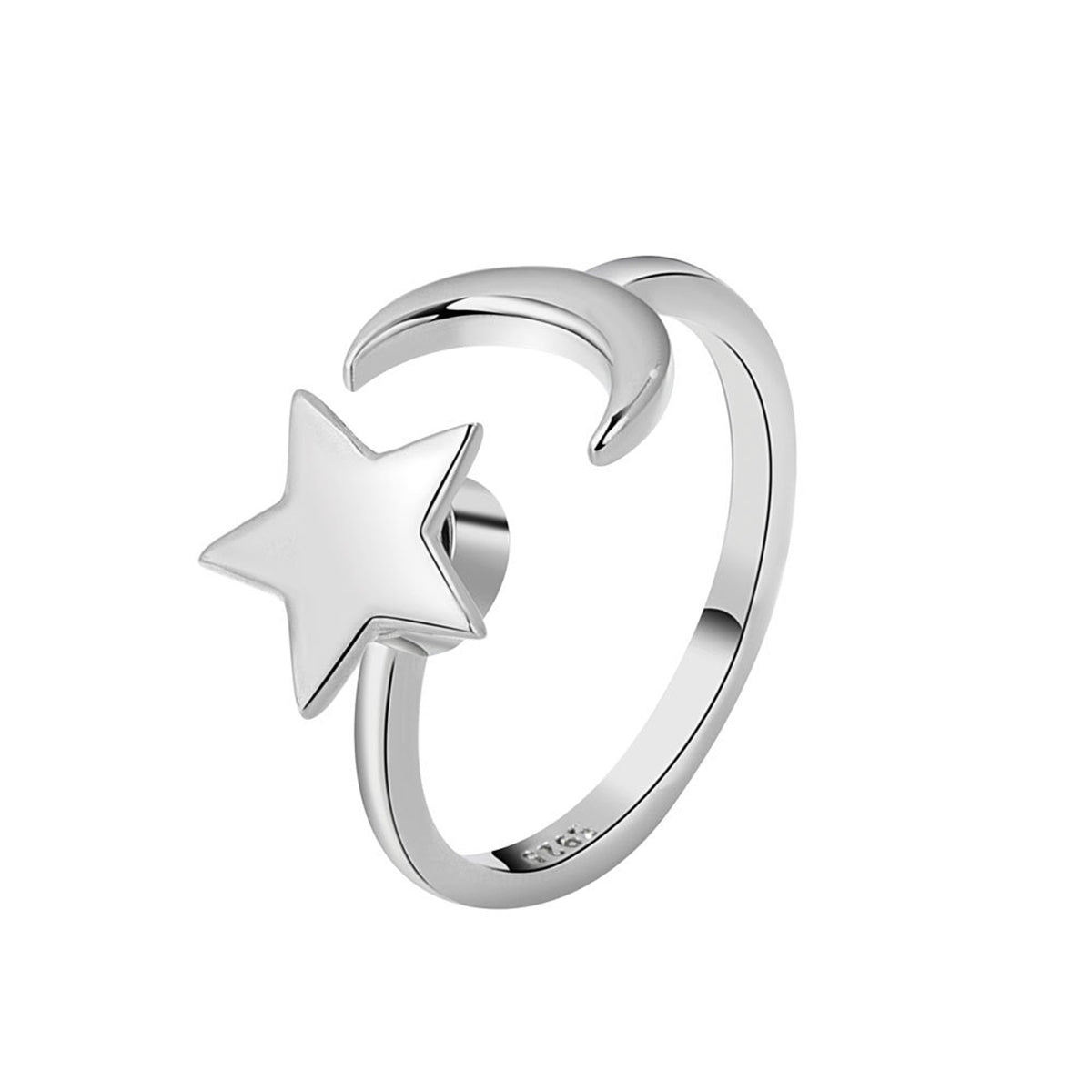 Silver-Plated Rotatable Star & Moon Open Ring